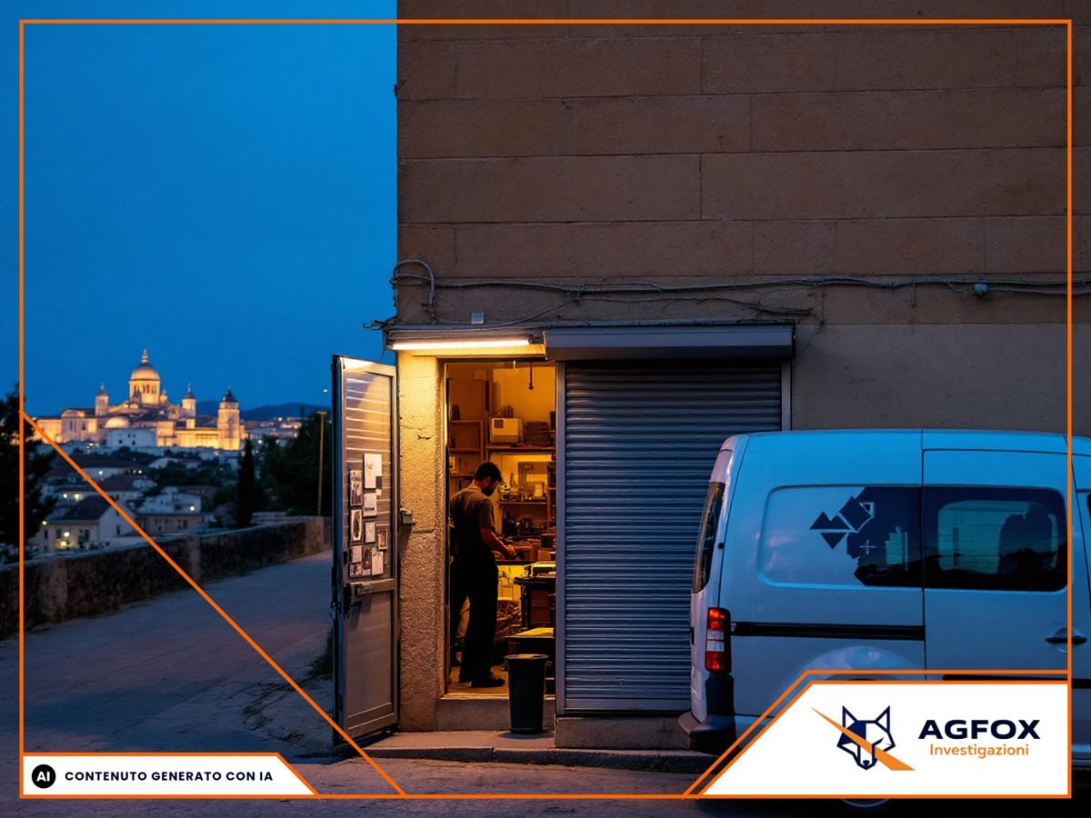Saracinesca di una bottega artigiana in una strada del centro storico di un comune della provincia di Bari, all'alba, vista da un'auto parcheggiata