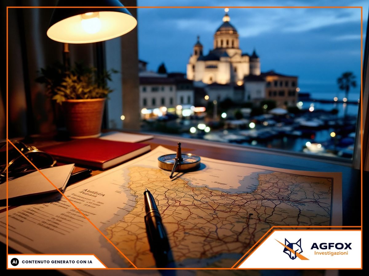 Tavolo di lavoro con mappa della provincia di Bari, appunti e lampada da scrivania accesa in un ufficio la sera, nessuna persona