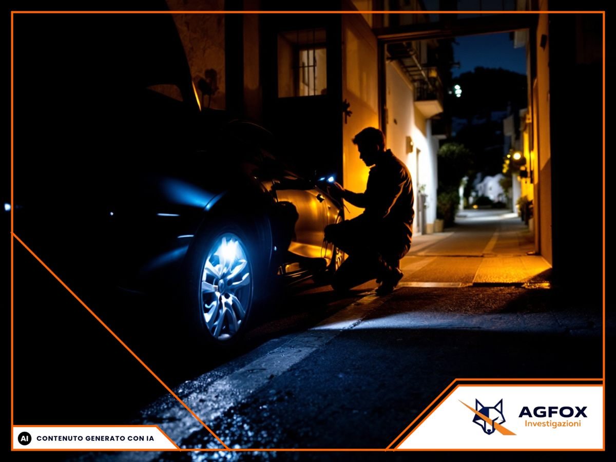 Automobile scura parcheggiata in un garage di un condominio in provincia di Bari, con il cofano aperto e una torcia appoggiata, nessuna persona