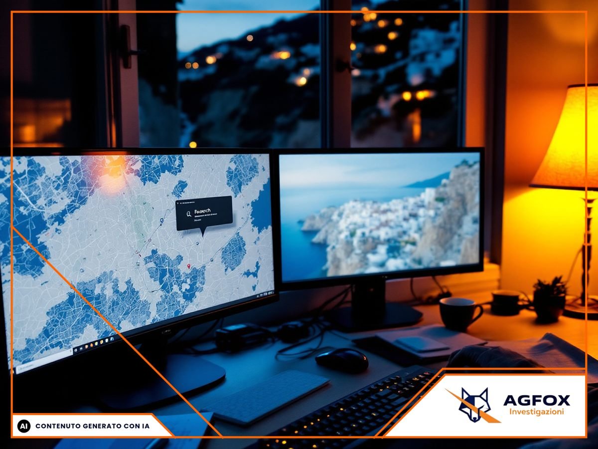 Postazione di lavoro con due monitor accesi in un ufficio buio della provincia di Bari, schermi sfocati senza testo leggibile