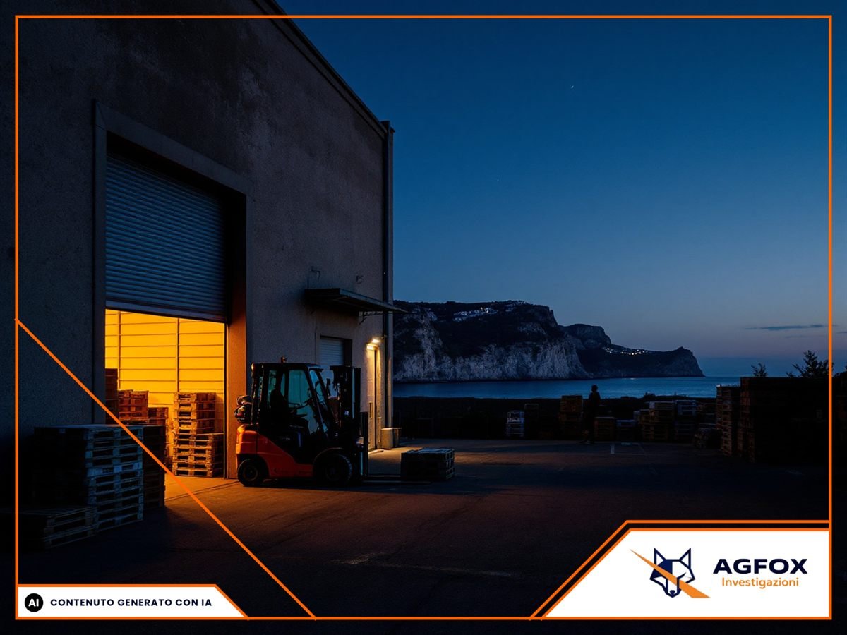 Scaffalature di un magazzino logistico nella zona industriale di Bari di notte, con bancali avvolti nel film e luci di emergenza